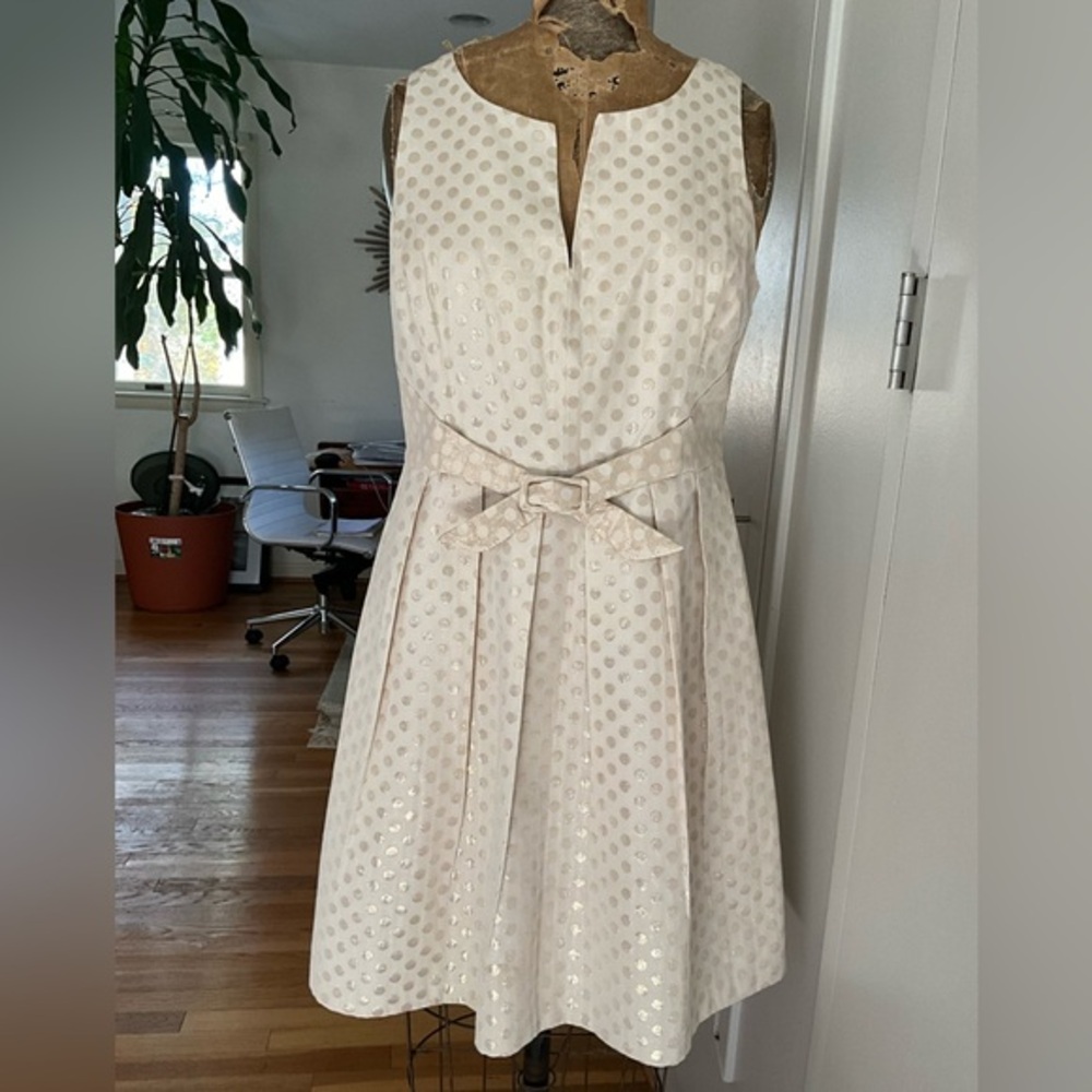 Quilaree Anthropologie cream and cold polka dot midi dress, 10, MSRP $149